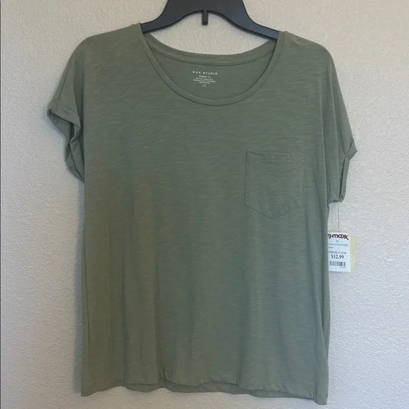 Max Studio Sage Green Short Sleeve Pocket Tee - Picture 1 of 7